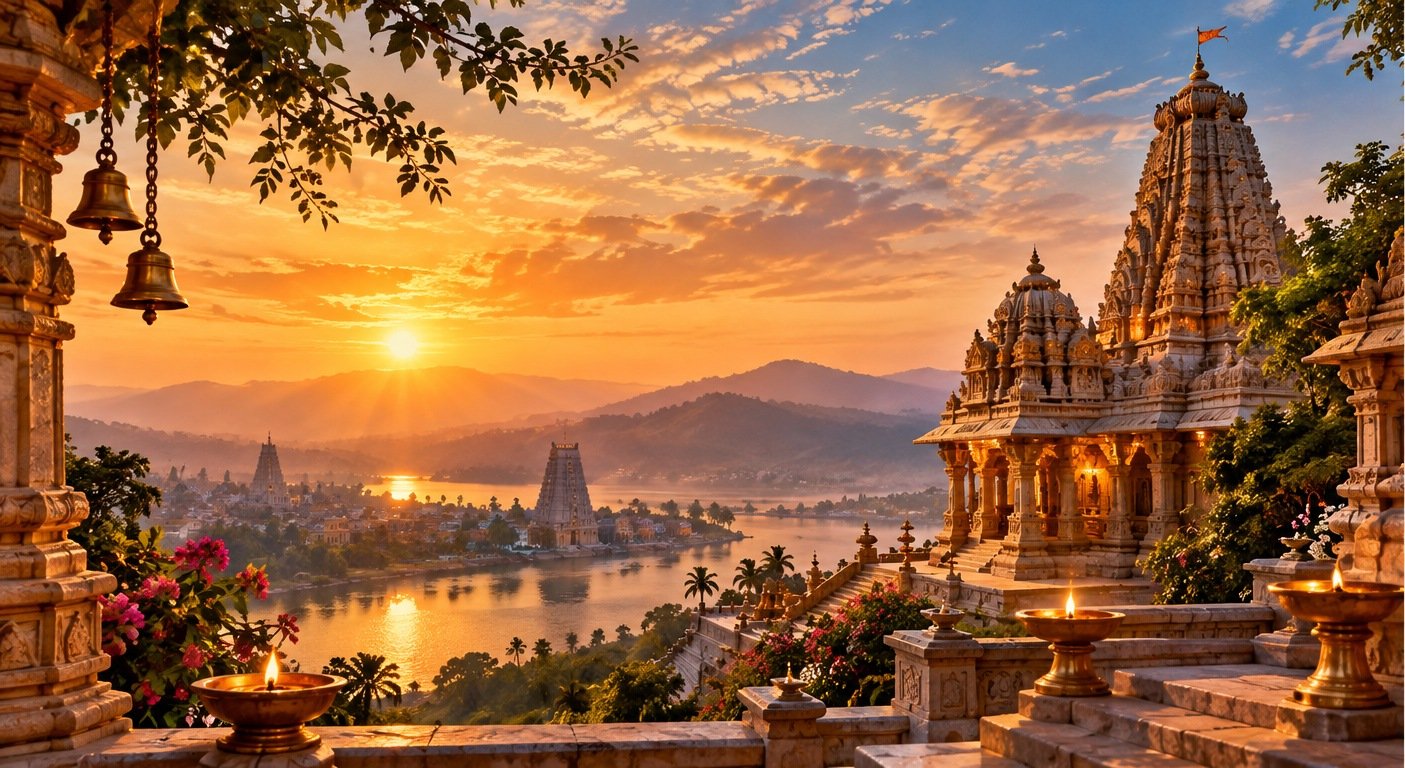 Artistic illustration of a temple at sunrise